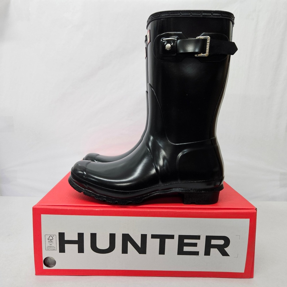 Hunter Original Short Gloss Rain Boots WFS1000RGL Black Women's Size 8